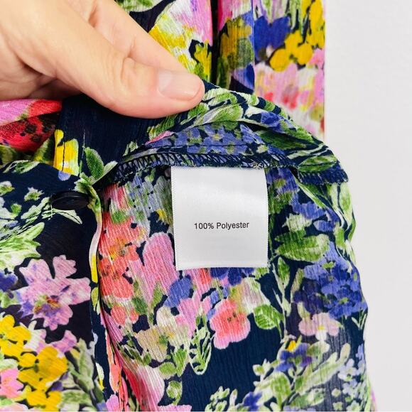 Vintage blue pink green floral garden button front chiffon top large - Picture 6 of 8